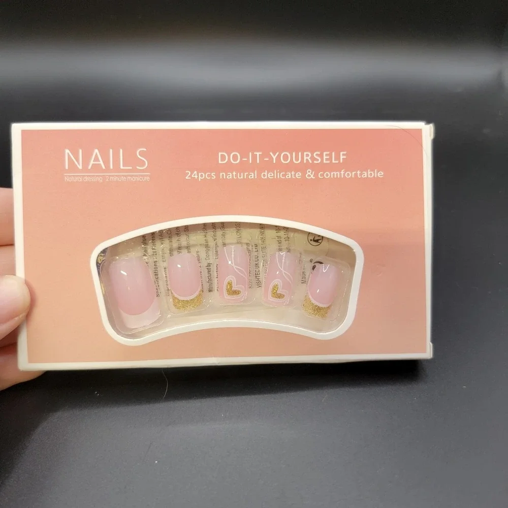 Shiny Light Pink/gold Heart False Nail Short French Nail Art 24pcs